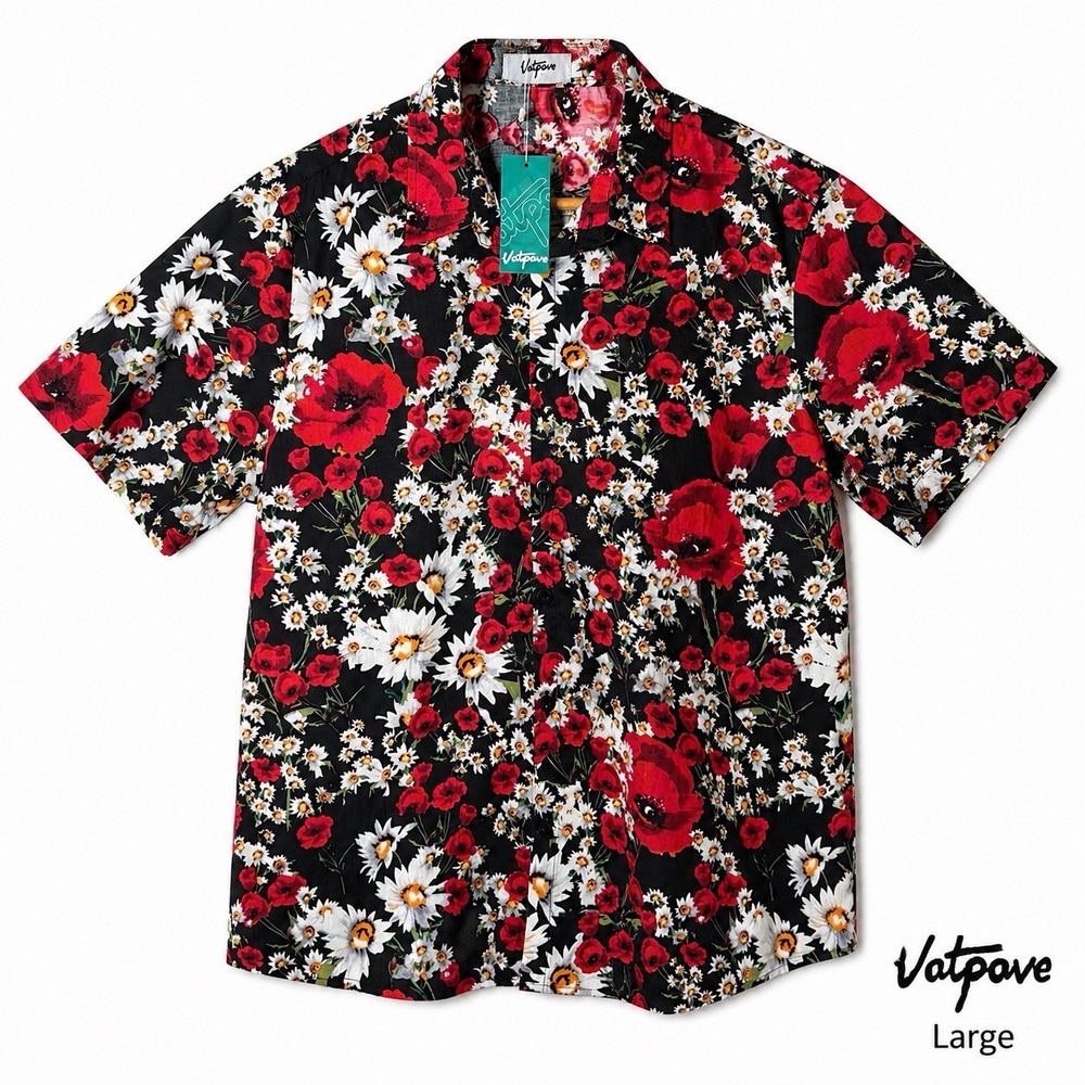 Vatpave Men's Large Black Red Floral Botanical Print Shirt Cotton Button Up NWT